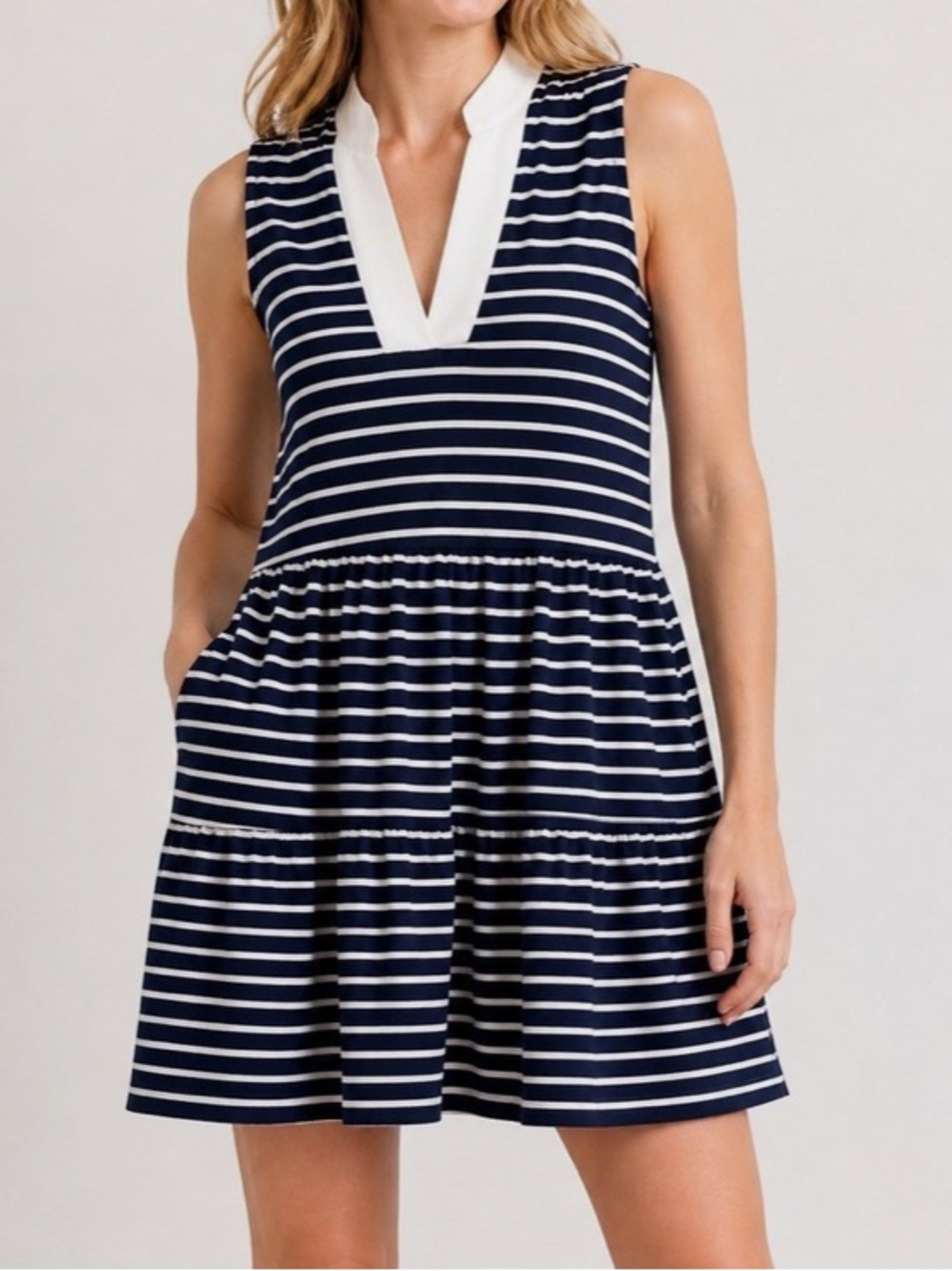NAUTICA Tiered Mini Dress Womens M Navy White Striped Sleeveless Pockets
